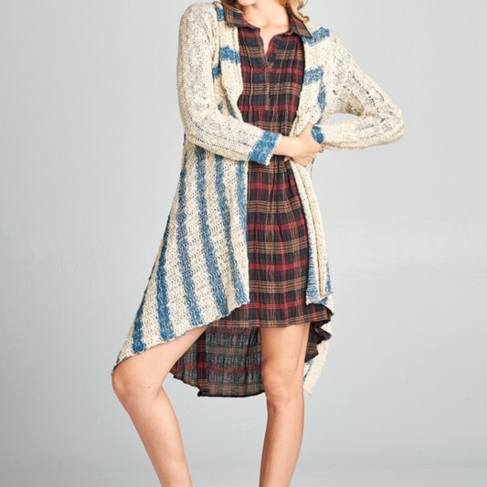 NWT Blue & Cream Striped Open Knit Cardigan - Boho Cozy Layering Piece